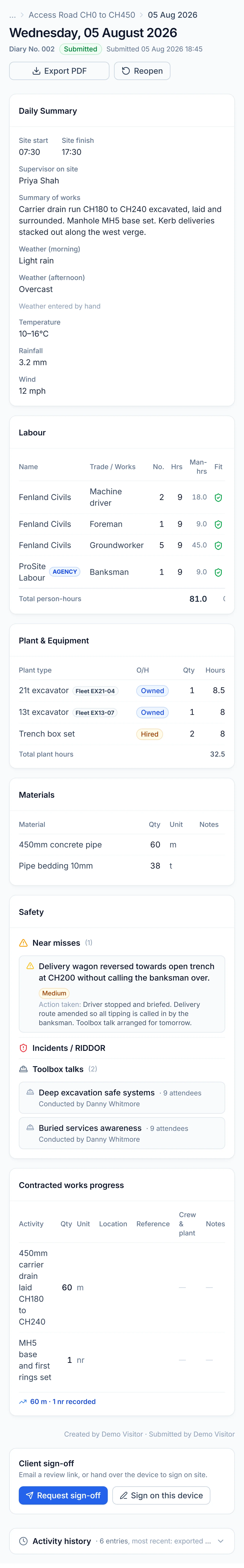 A completed Site Chronicle daily diary on a phone