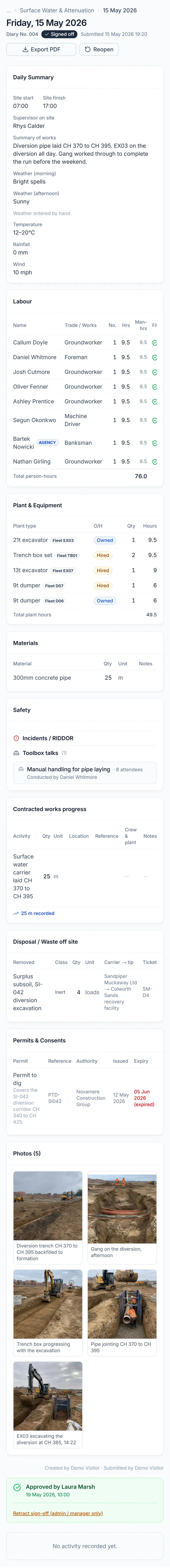 A completed Site Chronicle daily diary on a phone