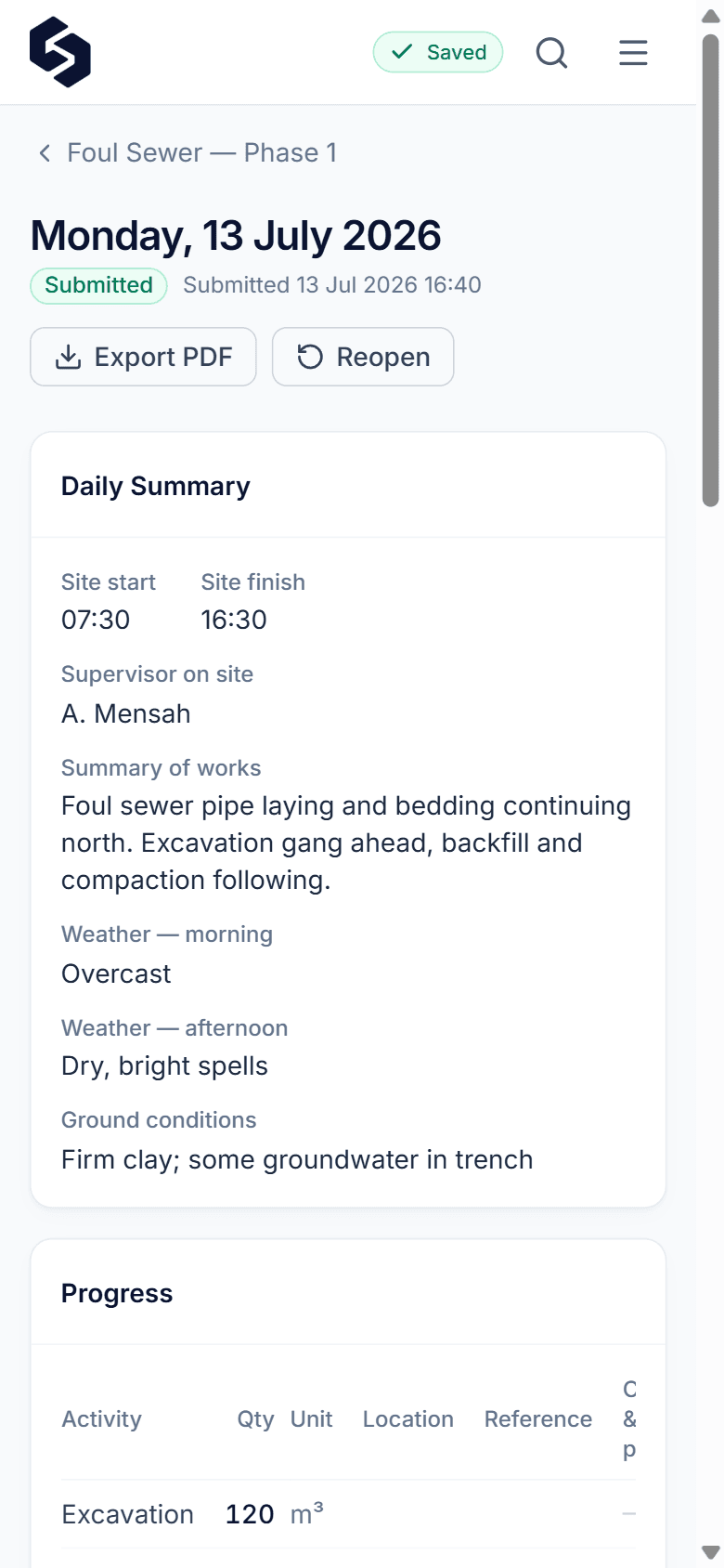 A daily site diary logged on a phone