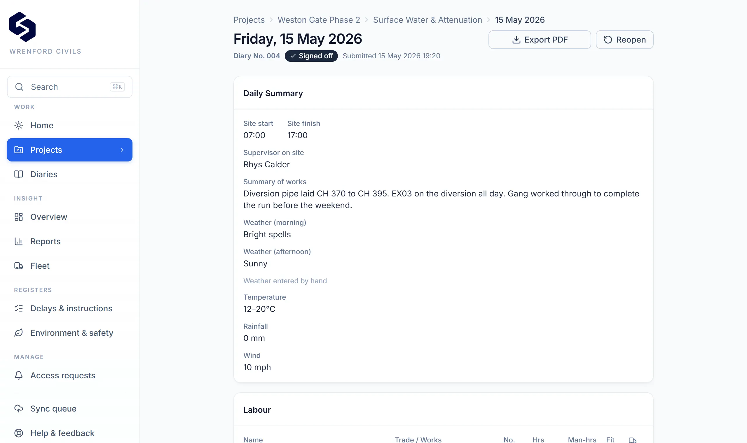 A Site Chronicle daily diary showing progress logged against activities with the labour and plant that did the work