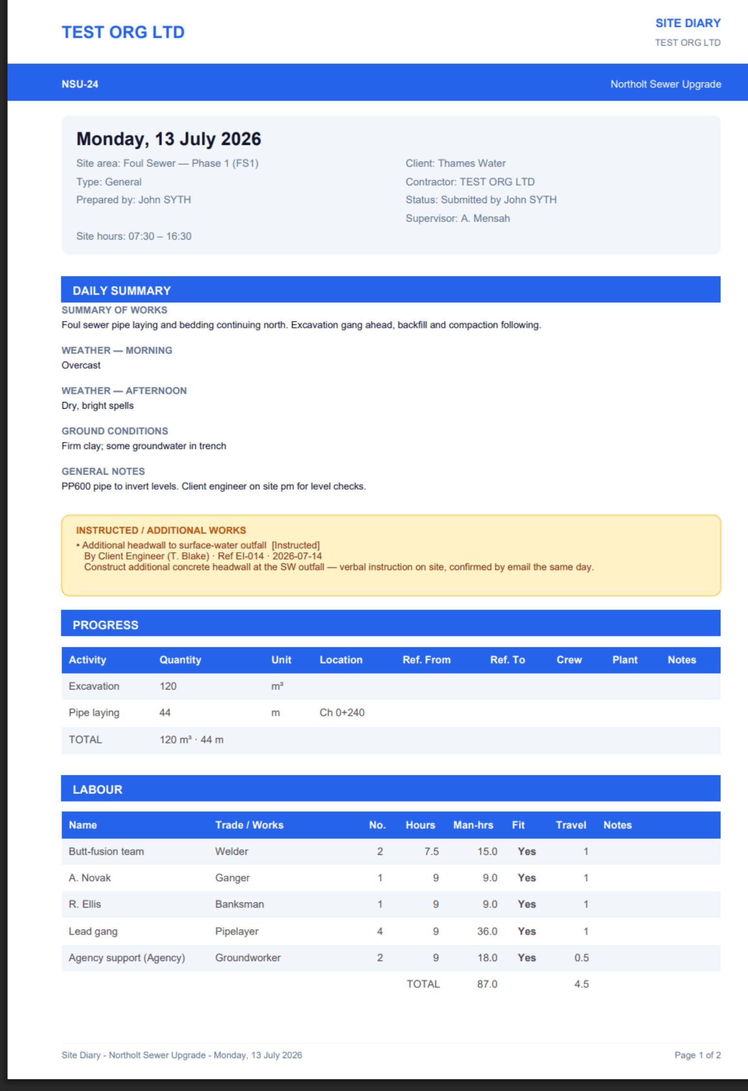 The exported Site Chronicle diary PDF