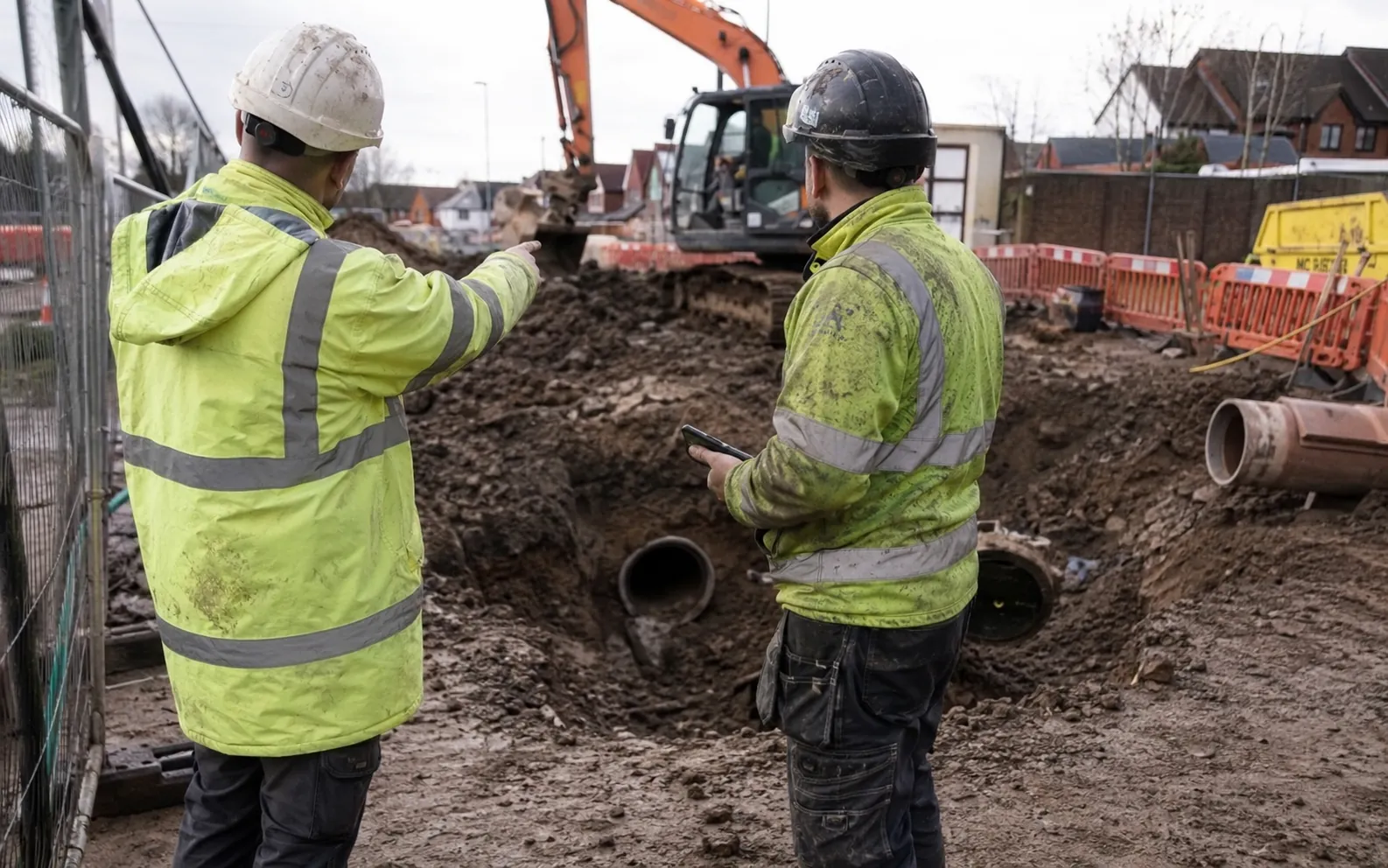 Construction representative giving a verbal instruction to a subcontractor supervisor beside excavation works.