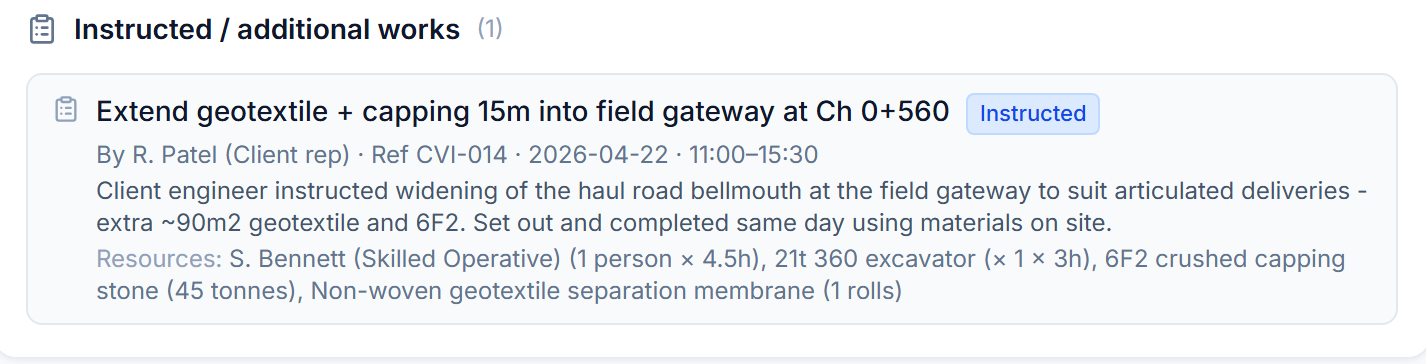 The same instruction as a structured record in Site Chronicle: who instructed it, the reference, date, times and the labour, plant and materials it used