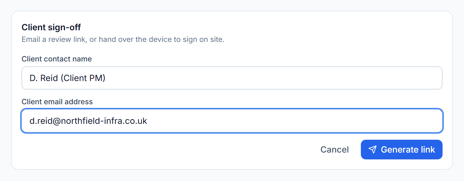 Client sign-off: the site team enters the client's email to send a secure, no-login review link